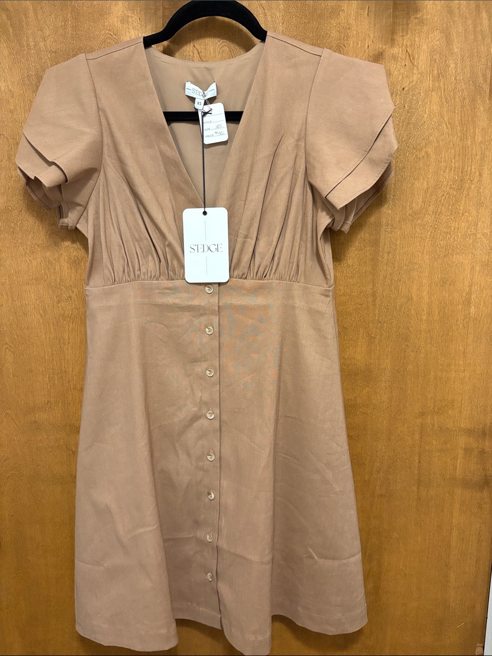 596.S’Edge Short Flutter-Sleeve Button-Front Mini Dress